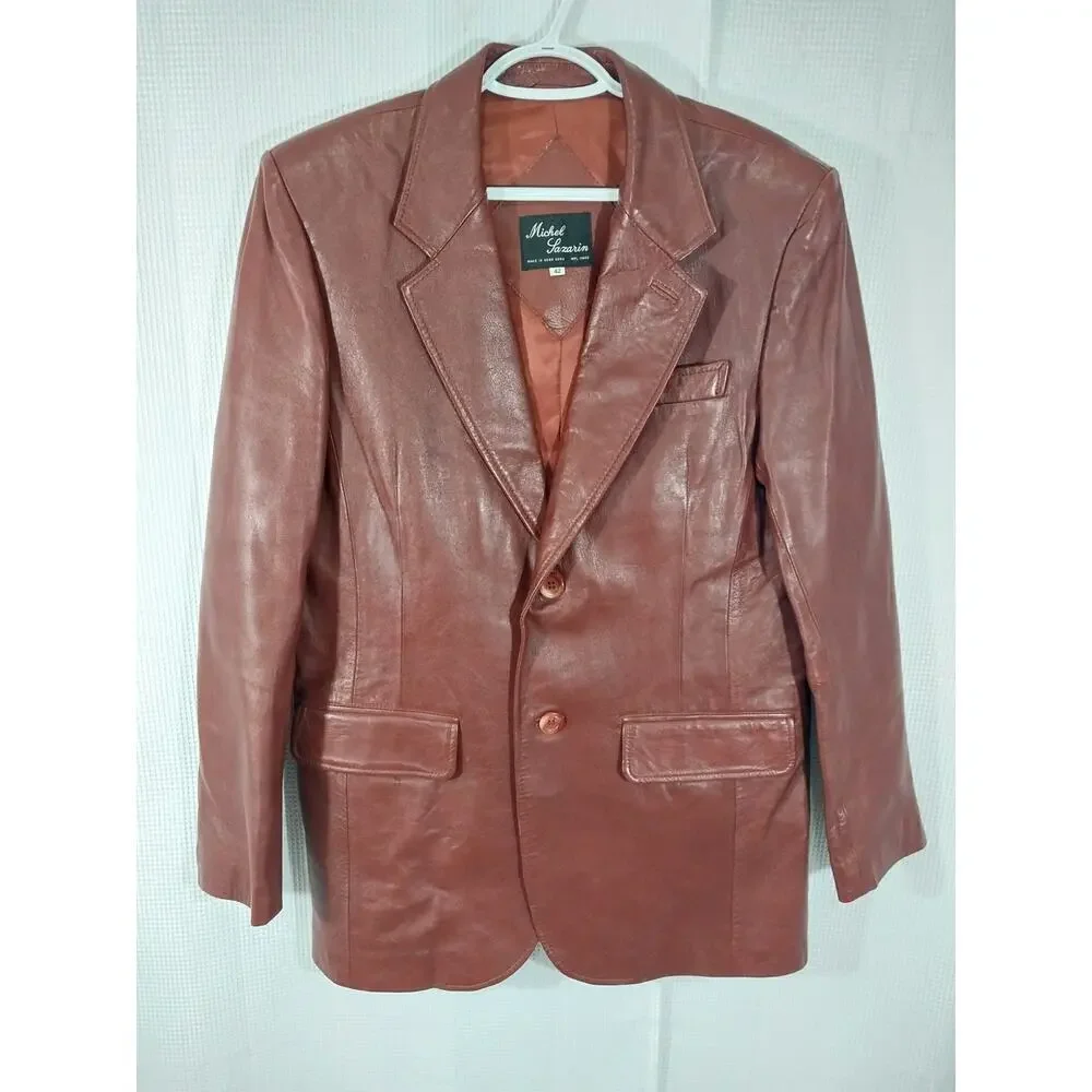 MICHEL SAZARIN! GORGEOUS BURGUNDY BROWN/RED GENUINE LEATHER JACKET BLAZER! SZ 42